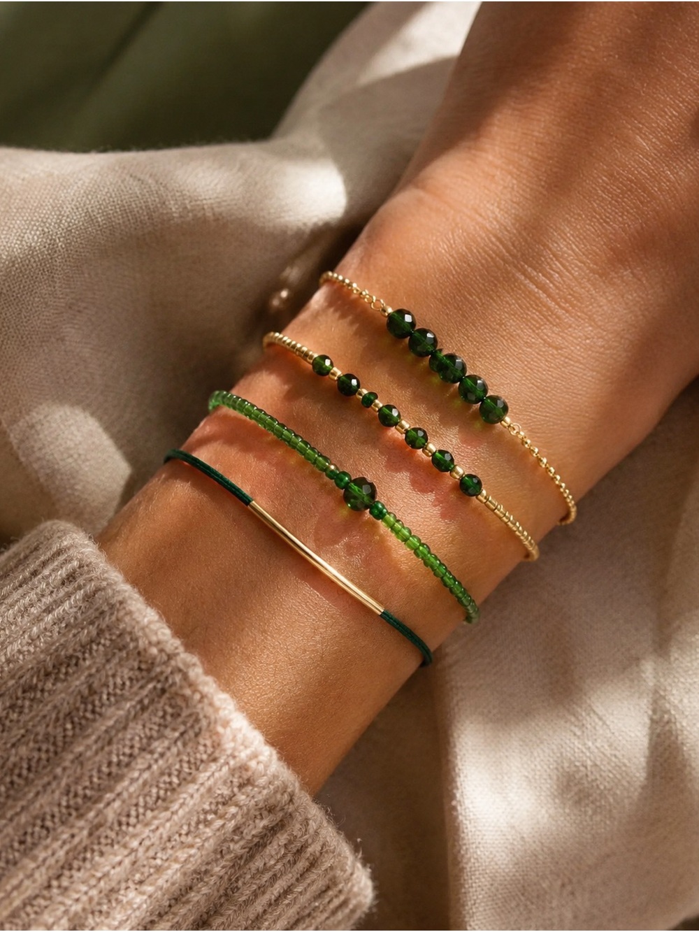 Anthropologie Green and Gold Mixed Bead Bracelet Stack